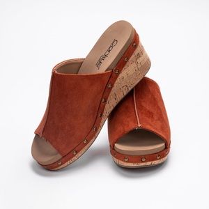 Corkys Terracotta Mules with Suede Upper and Cork Wedge
